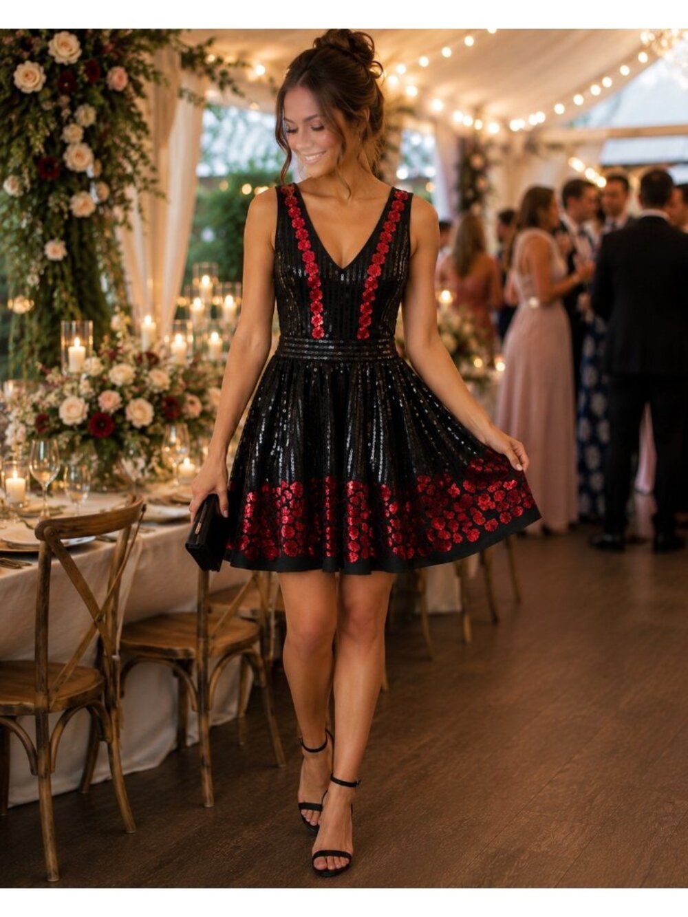 Bebe Hayley Sequin Dress M Black Red Rose Floral Fit Flare Party Cocktail NWT